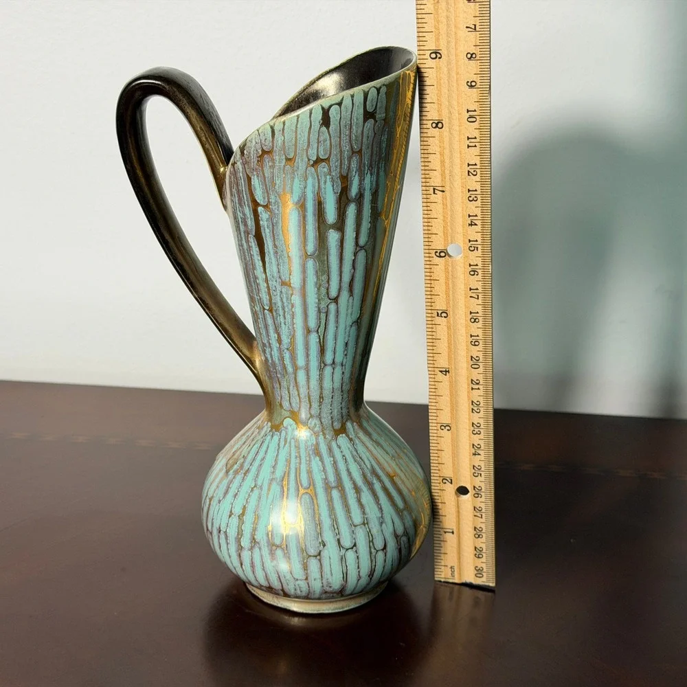 Vintage Carstens Tonnieshof Rimini Ewer Vase Turquoise Gold Drip Glaze W Germany